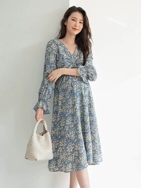 Blue Floral Long-Sleeve Wrap Midi Dress